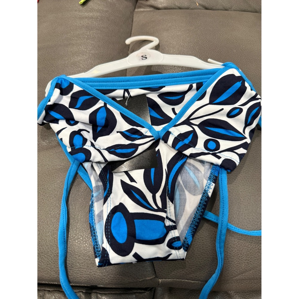 Blue White Leaf Print Side Tie Bikini set Swimwear Small NEW